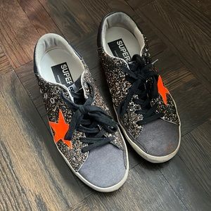 Used Authentic Golden Goose black gray with gold glitter sneakers orange star 37